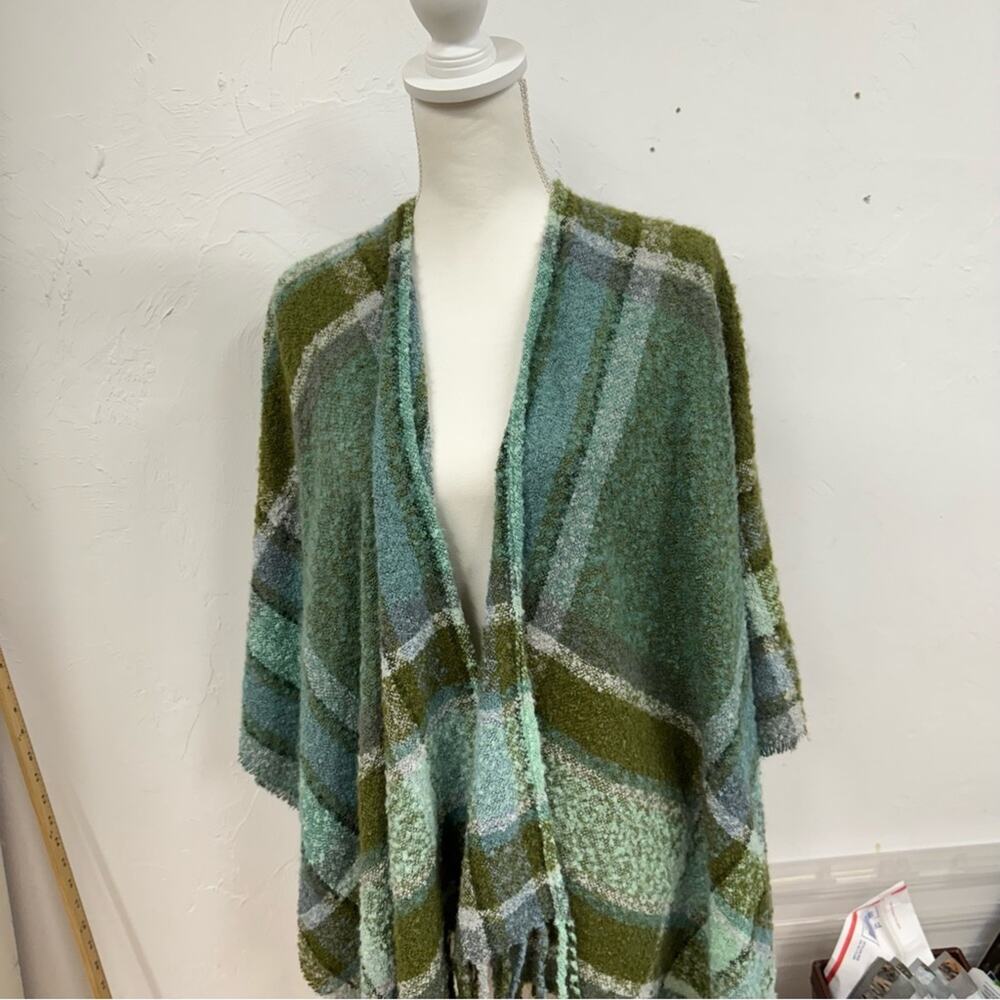 J Jill Green Plaid Fringe Cozy Boucle Rana Poncho Cape Womens OS Boho Fall - Picture 5 of 9
